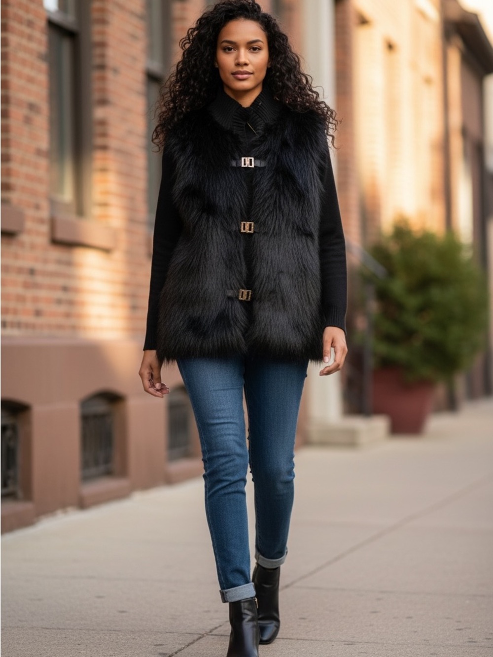 Calvin Klein Black Faux Fur Vest with Gold Buckle Accents